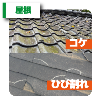 屋根の瓦にコケが生えた、スレート・プレートがひび割れて雨漏りしてしまう
